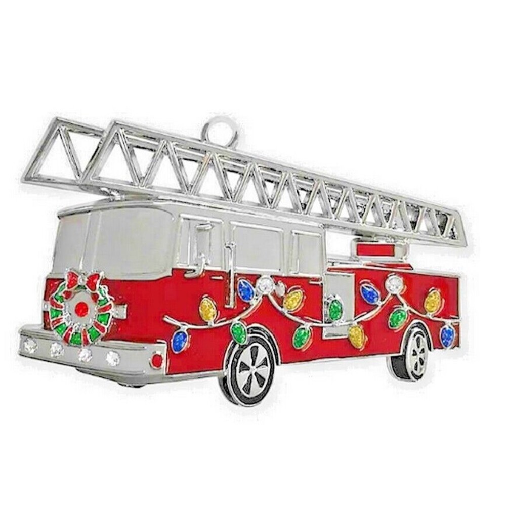 Harvey Lewis Fire Truck Swarovski Crystals Christmas Holiday Ornament Firemen